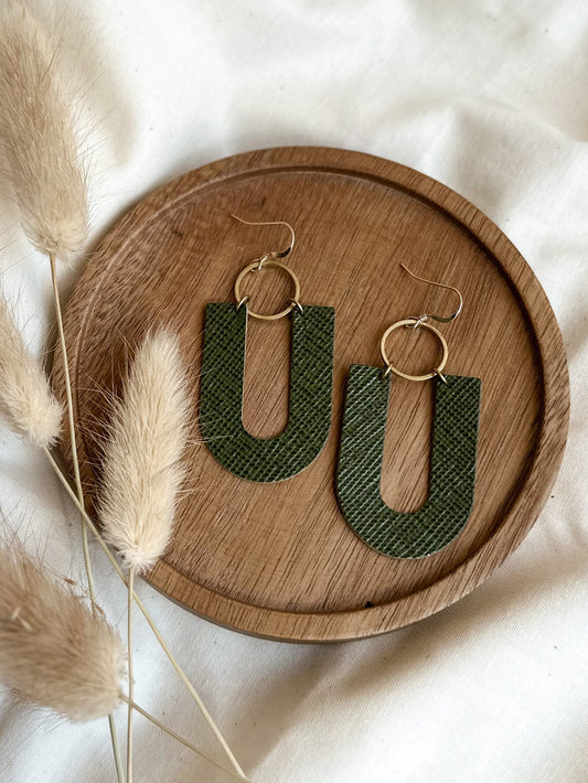 dark olive u-shaped leather + brass earrings