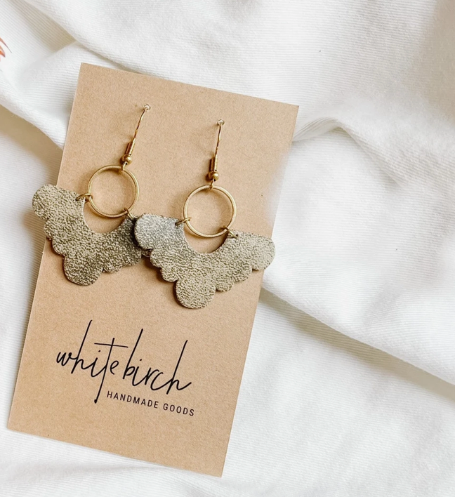 Aged Brown Leather Cloud & Brass Circle Earrings