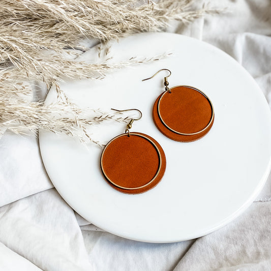 leather disc + brass circle earrings // 2 colours