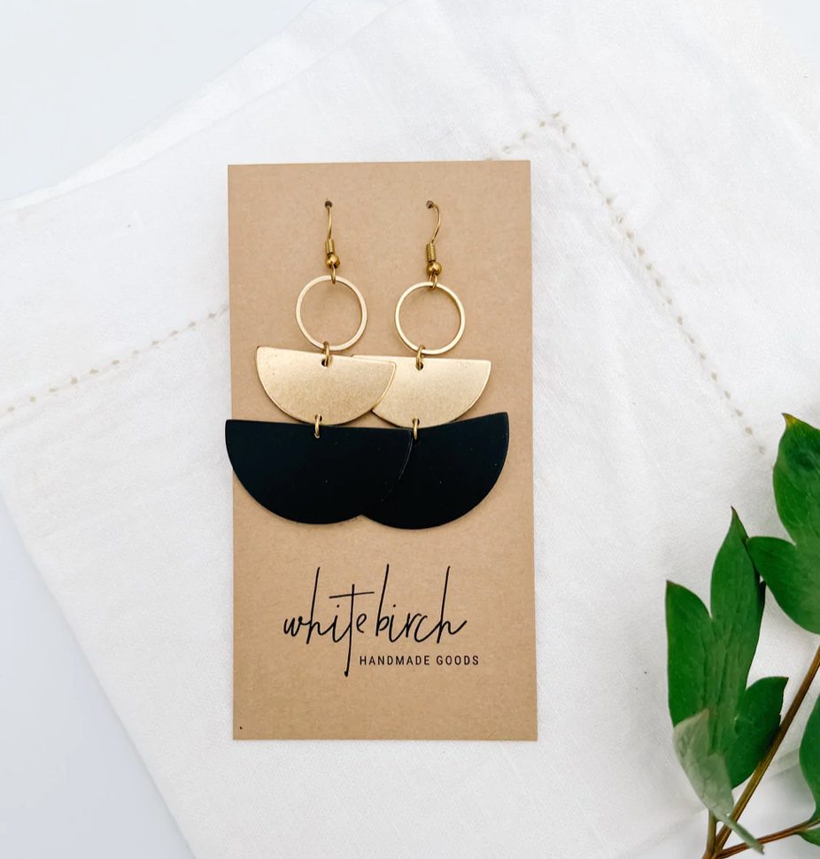 leather + brass stacked half moon earrings // 3 colours