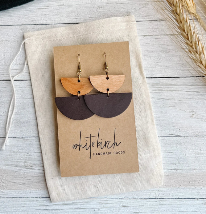 rootbeer leather + cherry wood half-moon earrings