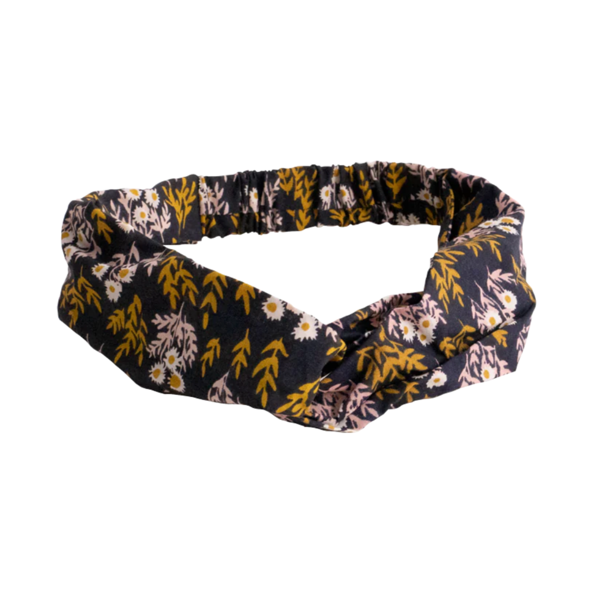 the Tilly headband features a navy blue background with a yellow + pink daisy pattern